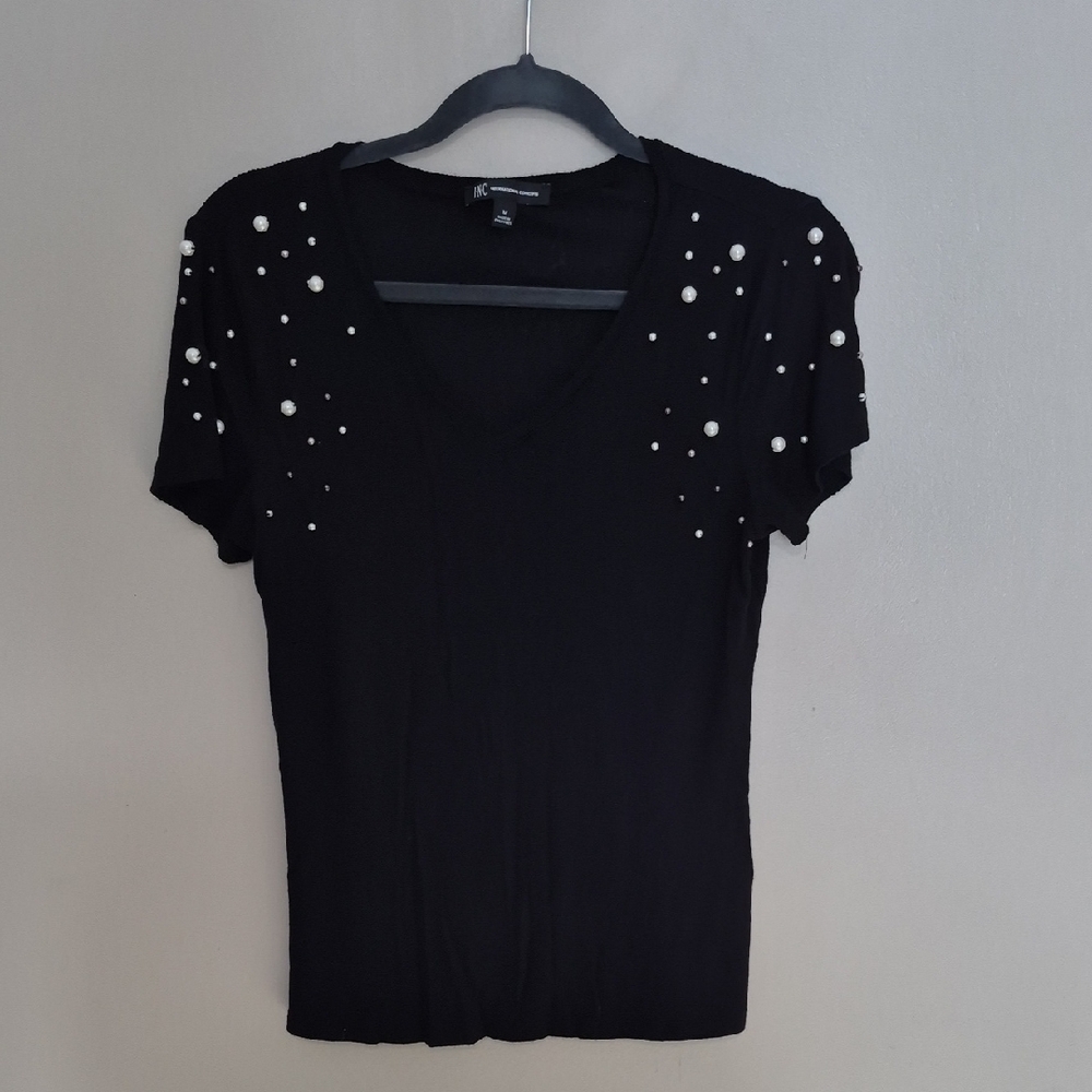 INC International Concepts Black Top with Pearl Accents